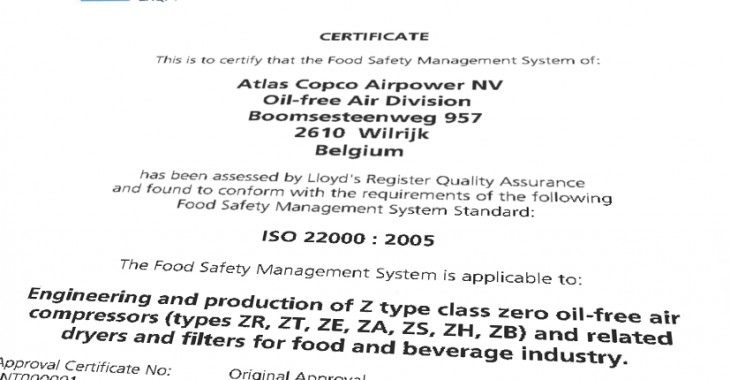 Zakład produkcyjny firmy Atlas Copco w Antwerpii w Belgii otrzymał certyfikat ISO 22000 w zakresie systemu zarządzania bezpieczeństwem żywności
