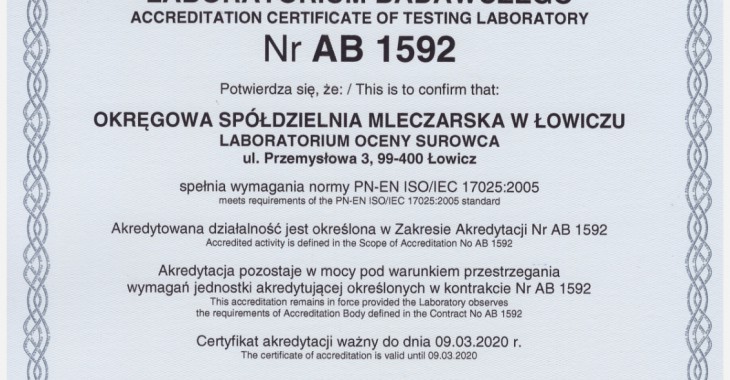 Laboratorium Oceny Surowca w OSM Łowicz otrzymało Certyfikat Akredytacji Laboratorium Badawczego