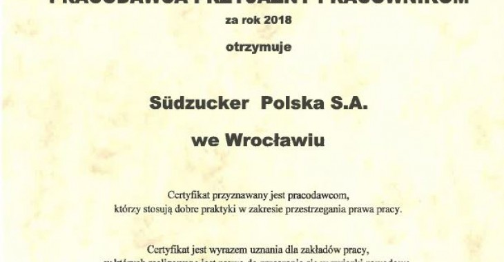 Südzucker Polska z certyfikatem NSZZ Solidarność „Pracodawca Przyjazny Pracownikom”